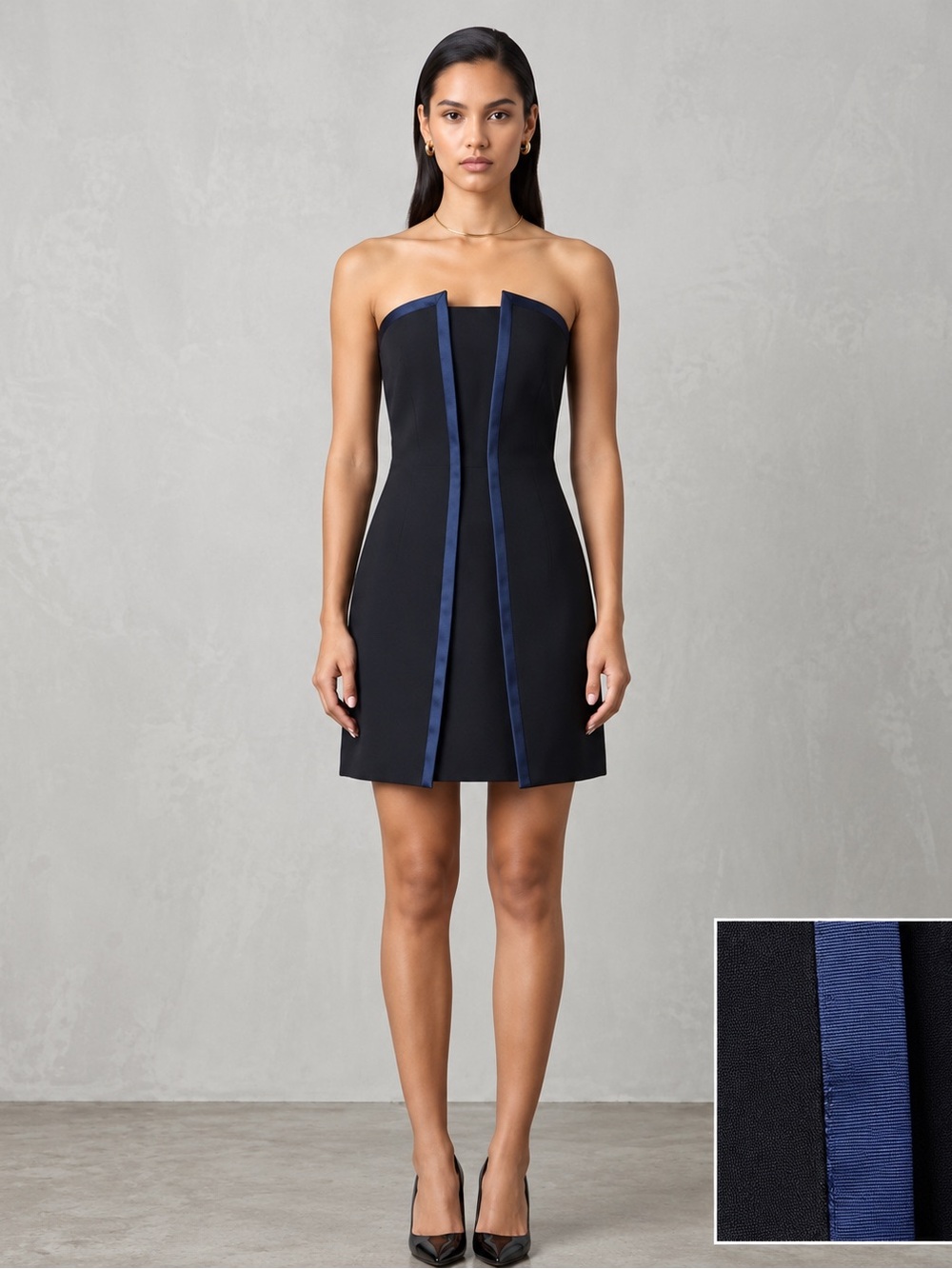 Maje Strapless Black Dress with Navy Trim